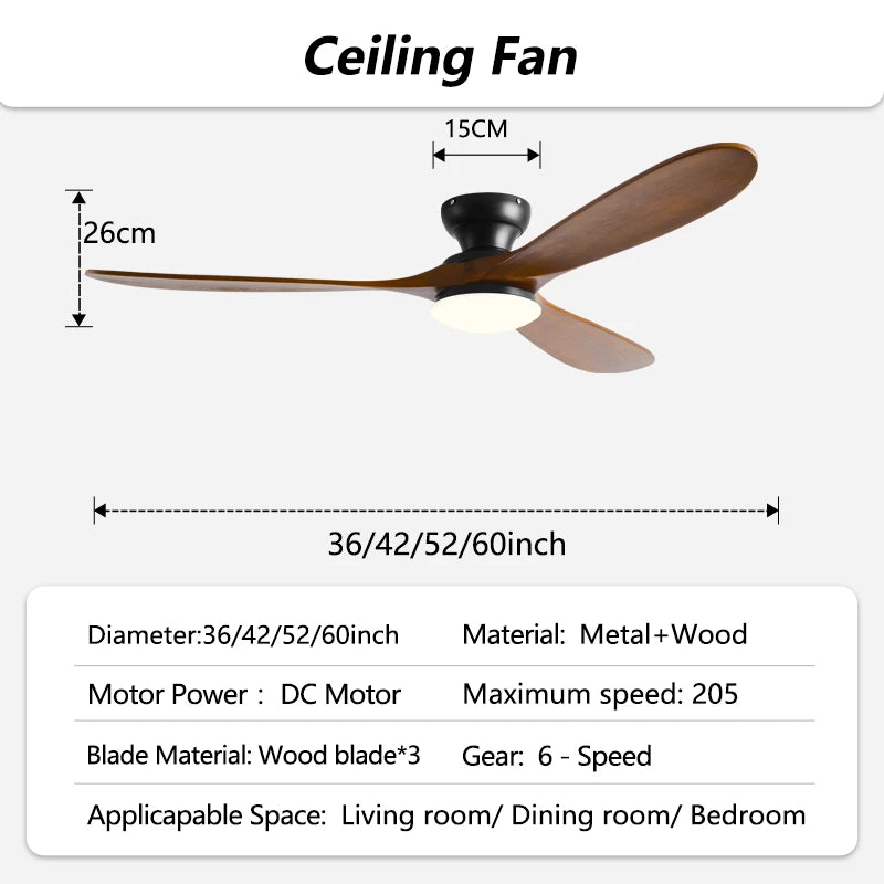 Ventilatore da soffitto a basso profilo da 42/52/60 pollici con 3 pale in legno, motore DC, telecomando, per soggiorno, sala da pranzo, camera da letto