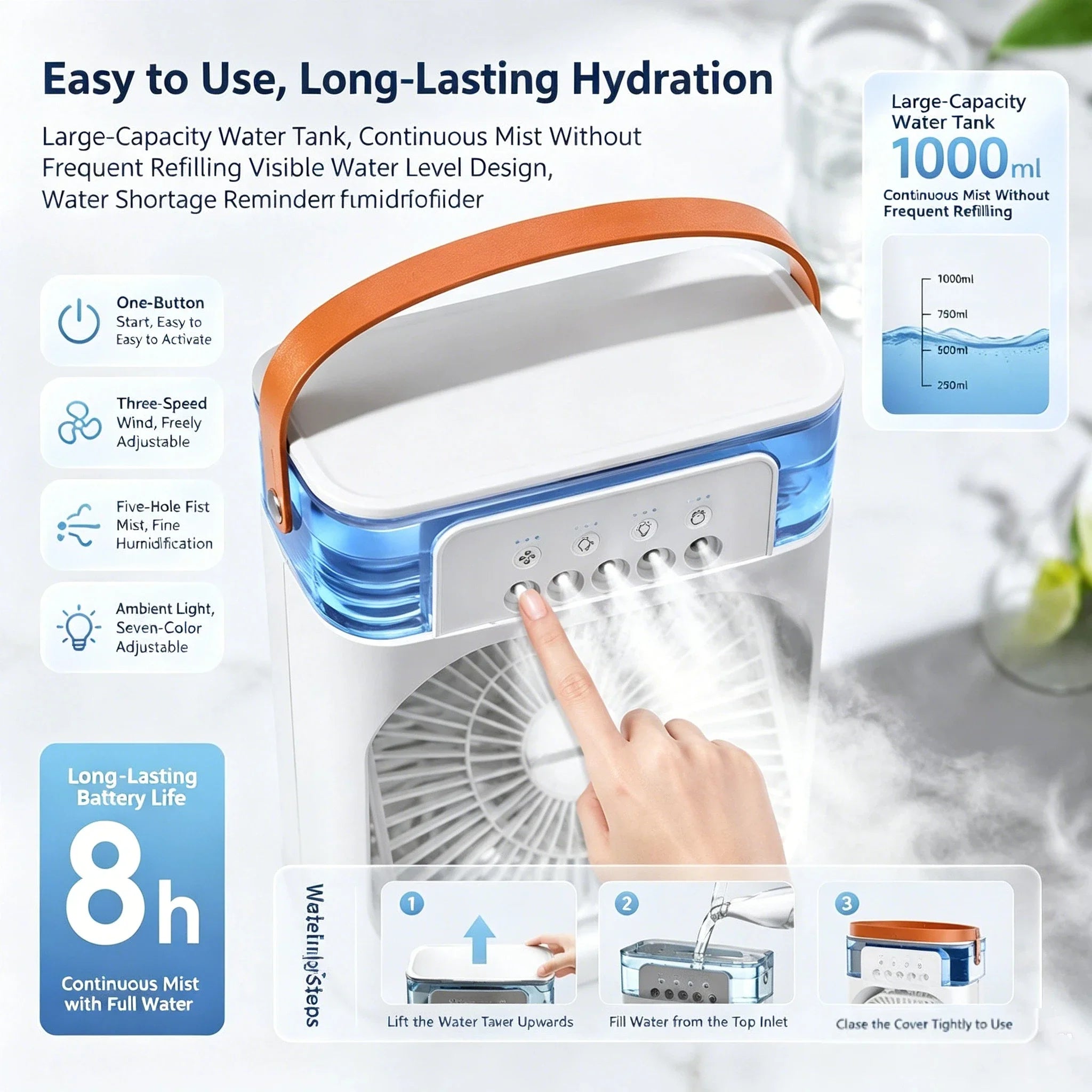 Ventilatore da scrivania USB con nebulizzatore e luce LED – dettaglio 2