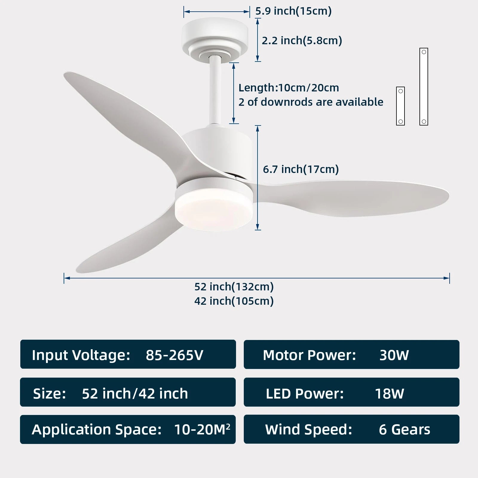 Ventilatore da soffitto a 3 pale con luce LED, 42 o 52 pollici – dettaglio 5