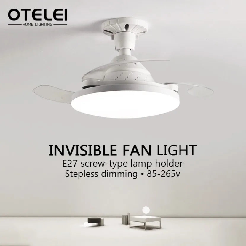 LED Nuovo Ventilatore da Soffitto Luce Lama Telescopica Invisibile E27 Silenzioso Vento Forte Telecomando