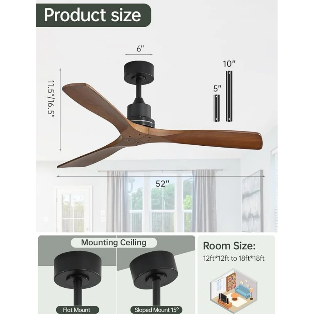 Ventilatore da soffitto 132 cm in legno, senza luce, motore DC – dettaglio 3