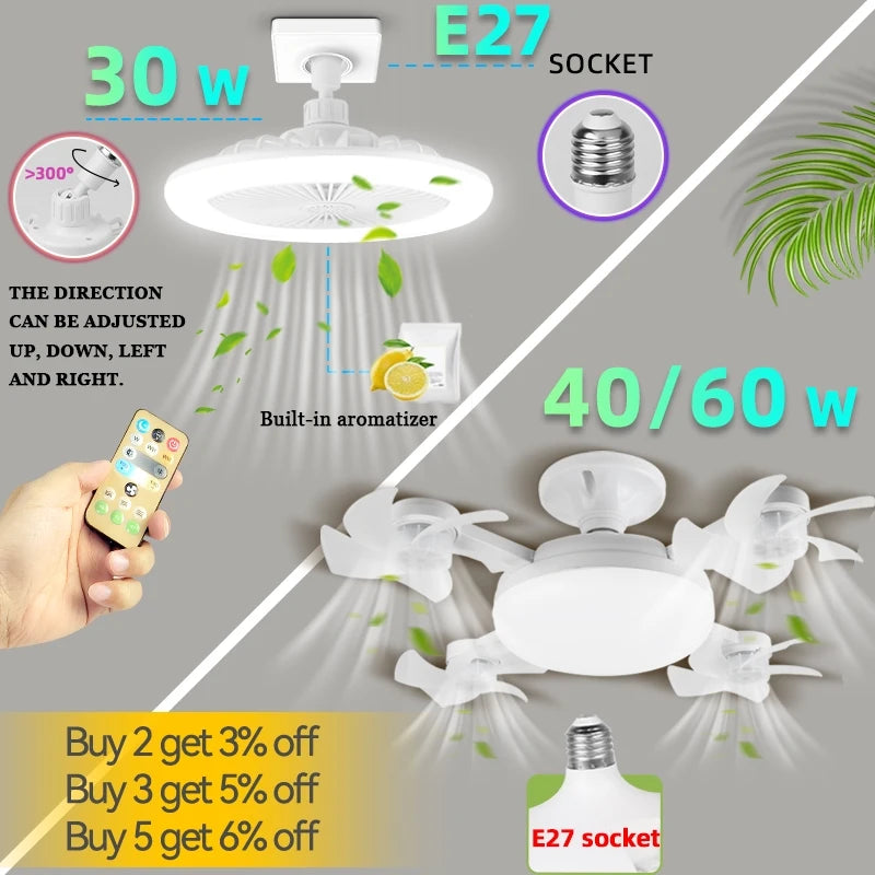Ventilatore da soffitto con lampada E27, telecomando con timer e 3 colori, luci per ventilatore da soffitto