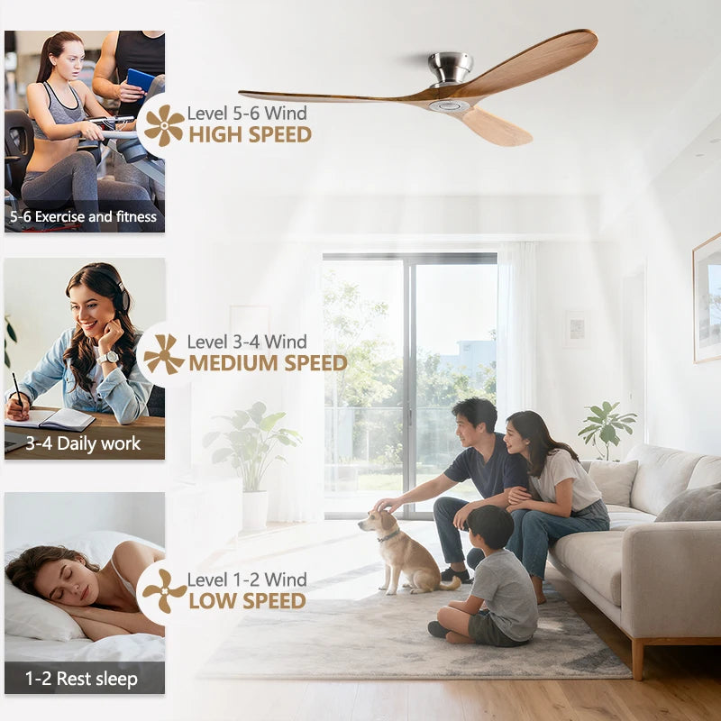 Ventilatore da soffitto a basso profilo da 42/52/60 pollici con 3 pale in legno, motore DC, telecomando, per – foto 3