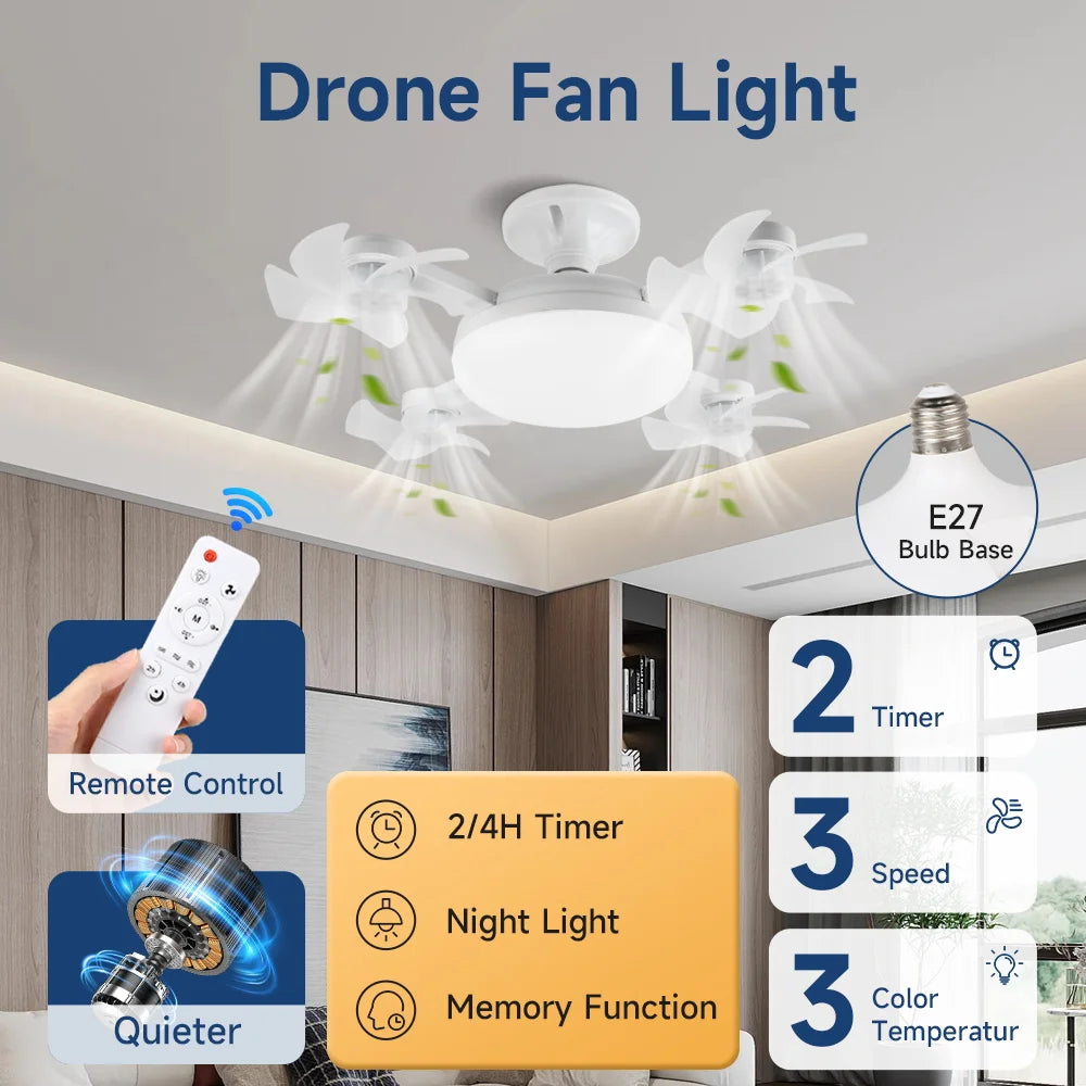 Nuova Lampada Ventilatore da Soffitto E27 2026 con Telecomando 110V 220V 3 Colori Regolabili Moderna per Casa