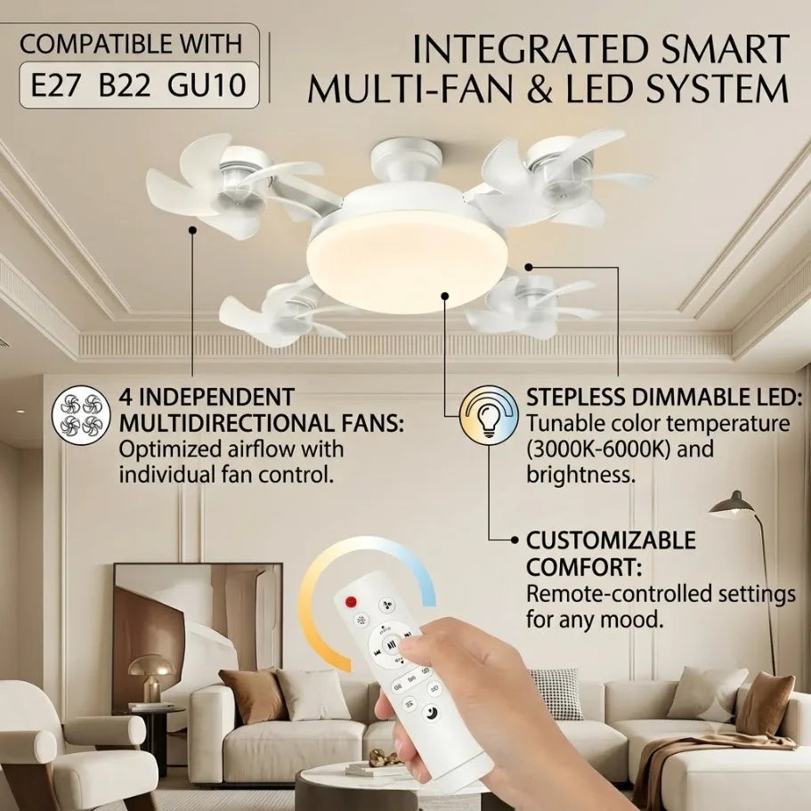 Ventilatore da soffitto stile drone con teste orientabili e luce