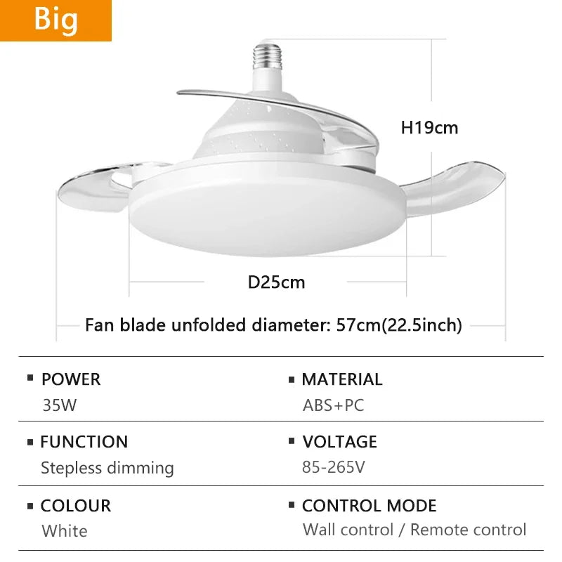 LED Nuovo Ventilatore da Soffitto Luce Lama Telescopica Invisibile E27 Silenzioso Vento Forte Telecomando – foto 9