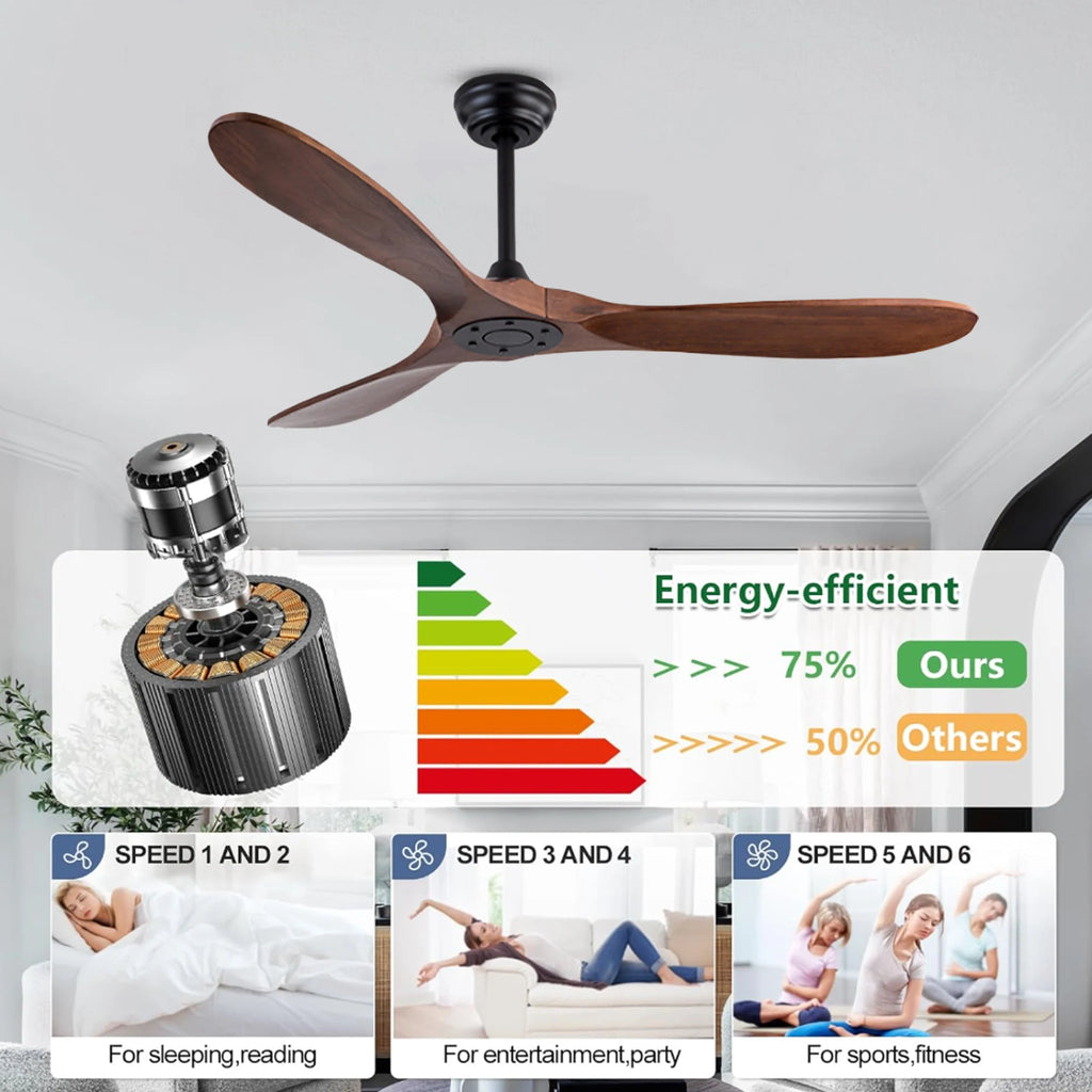 Ventilatore da soffitto in legno massello con motore DC silenzioso, reversibile, senza luce, con telecomando – foto 3