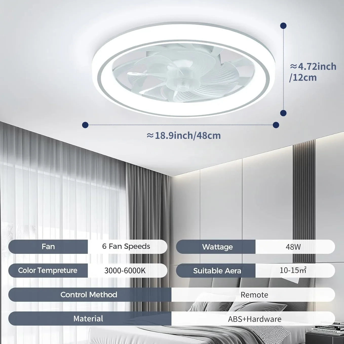 Ventilatore da soffitto moderno e sottile, ventilatore da soffitto silenzioso bianco, telecomando – foto 11