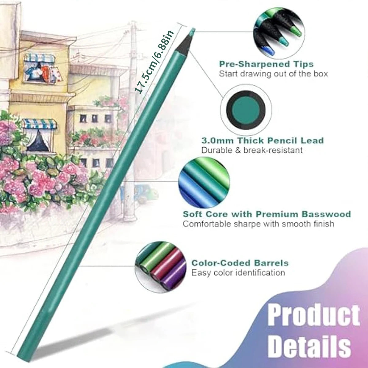 Matite colorate metallizzate, 12 colori con mina morbida 2B – dettaglio 2