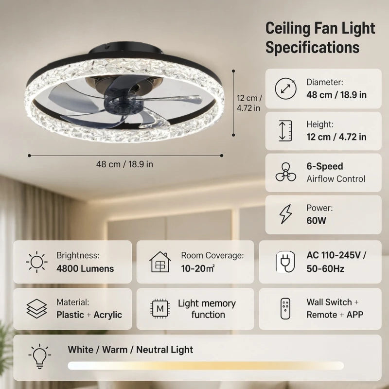 Ventilatore da soffitto moderno con luce, telecomando, dimmerabile, 6 velocità, motore DC, silenzioso – foto 8