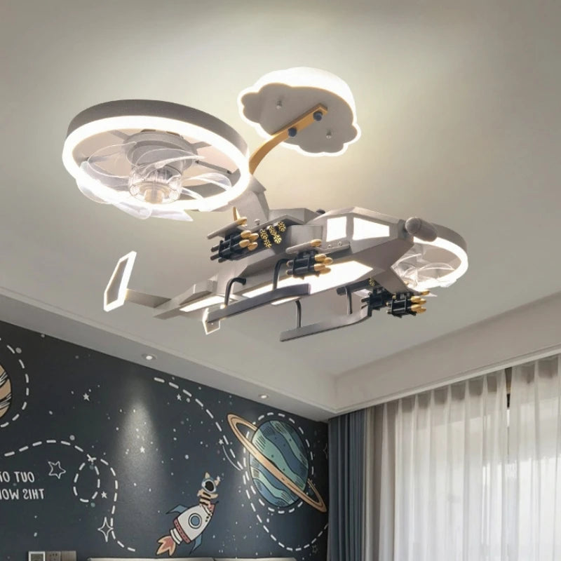 Ventilatore da soffitto a forma di aereo con luce per cameretta – dettaglio 1