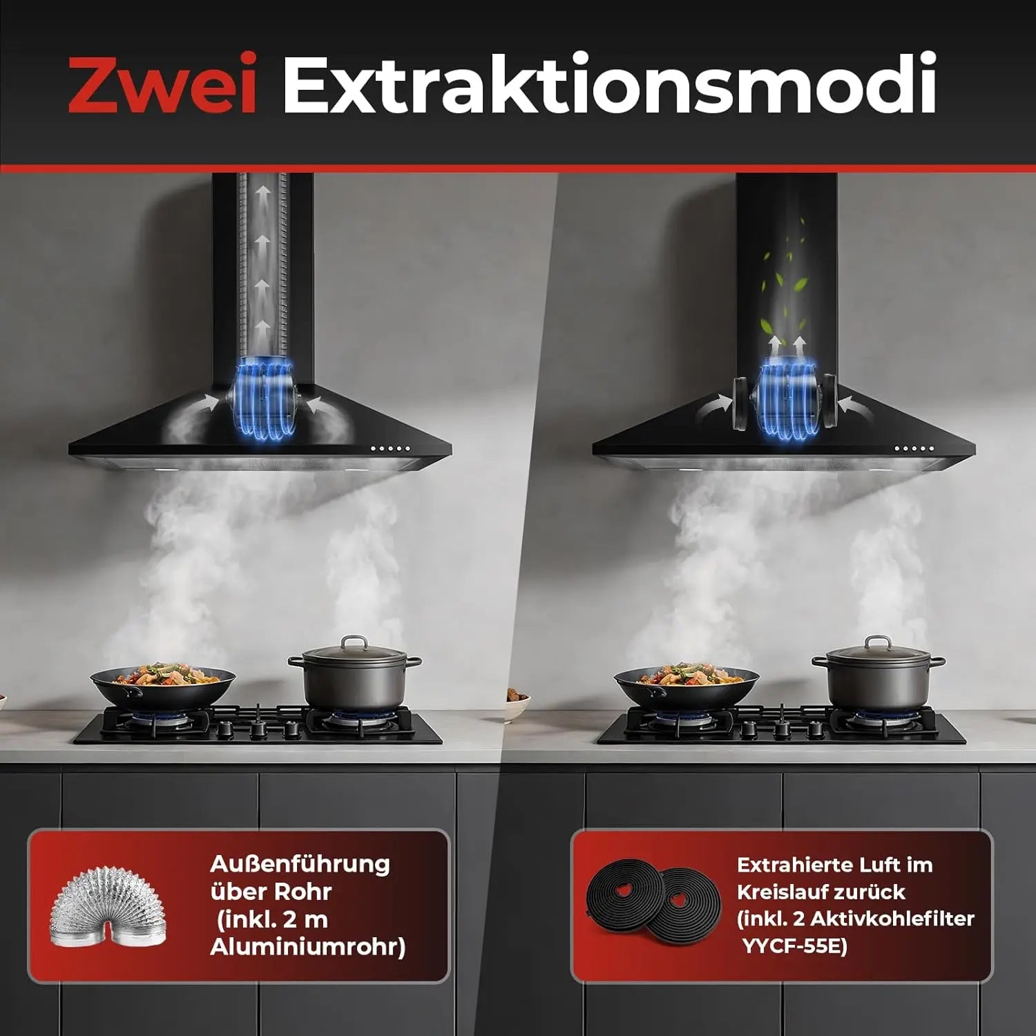 Cappa da cucina a parete 60 cm, 400 m³/h, acciaio nero – dettaglio 2