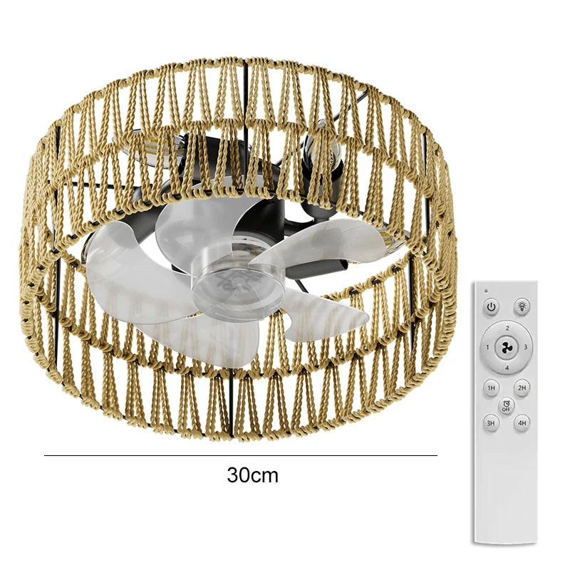 Ventilatore da Soffitto E27 con Luce 30cm, Lampada Ventilatore LED Vintage in Rattan Bohémien con Telecomando – foto 7