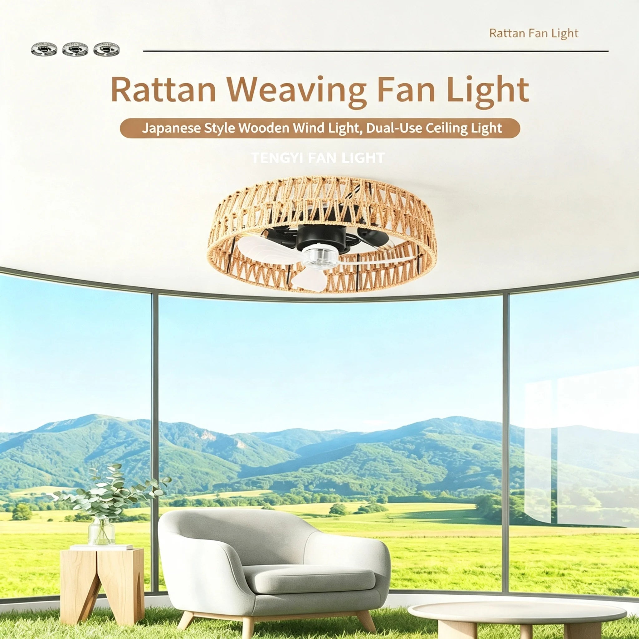 Ventilatore da soffitto in rattan con attacco E27 e telecomando – dettaglio 5