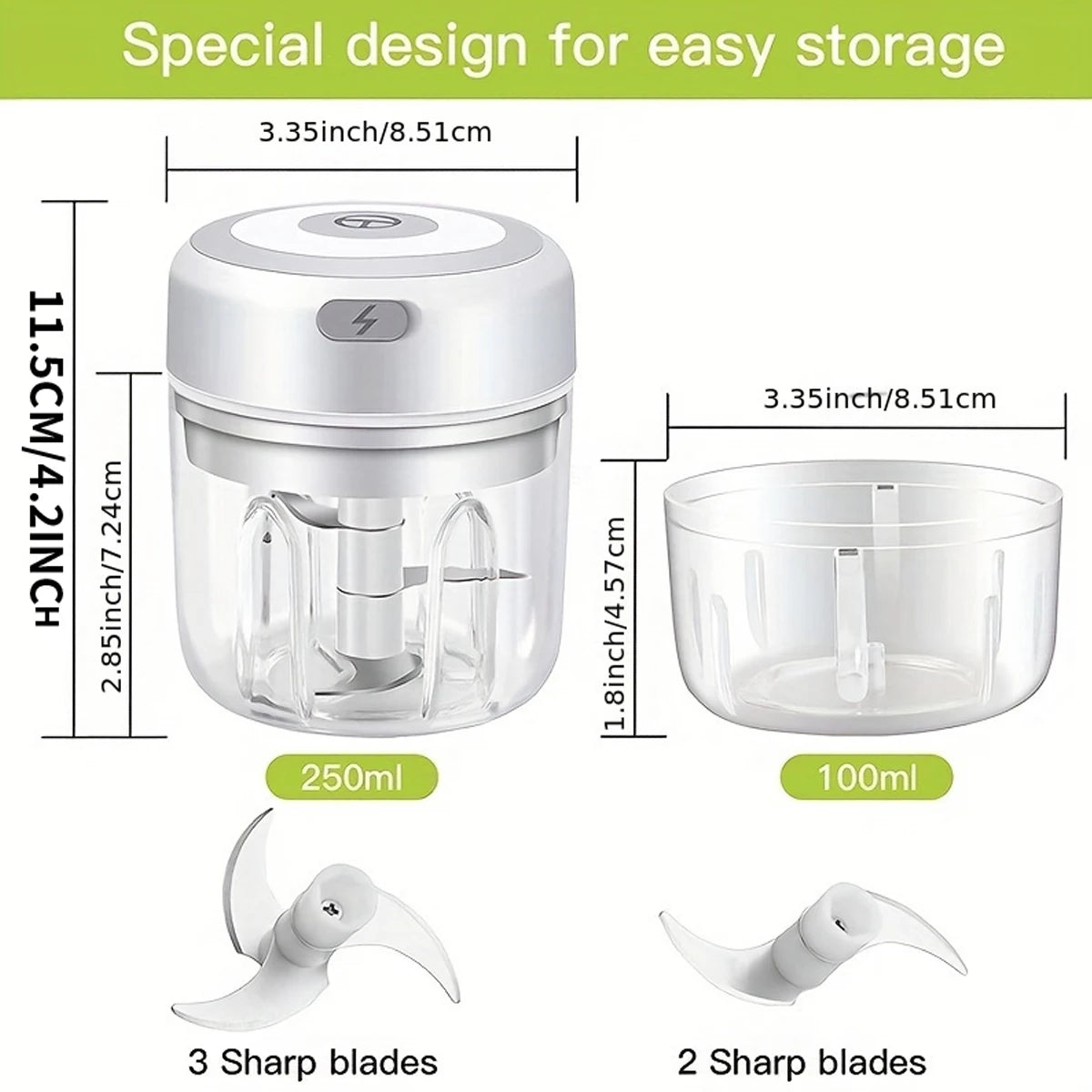 Mini tritatutto elettrico USB ricaricabile, 100 e 250 ml – dettaglio 2