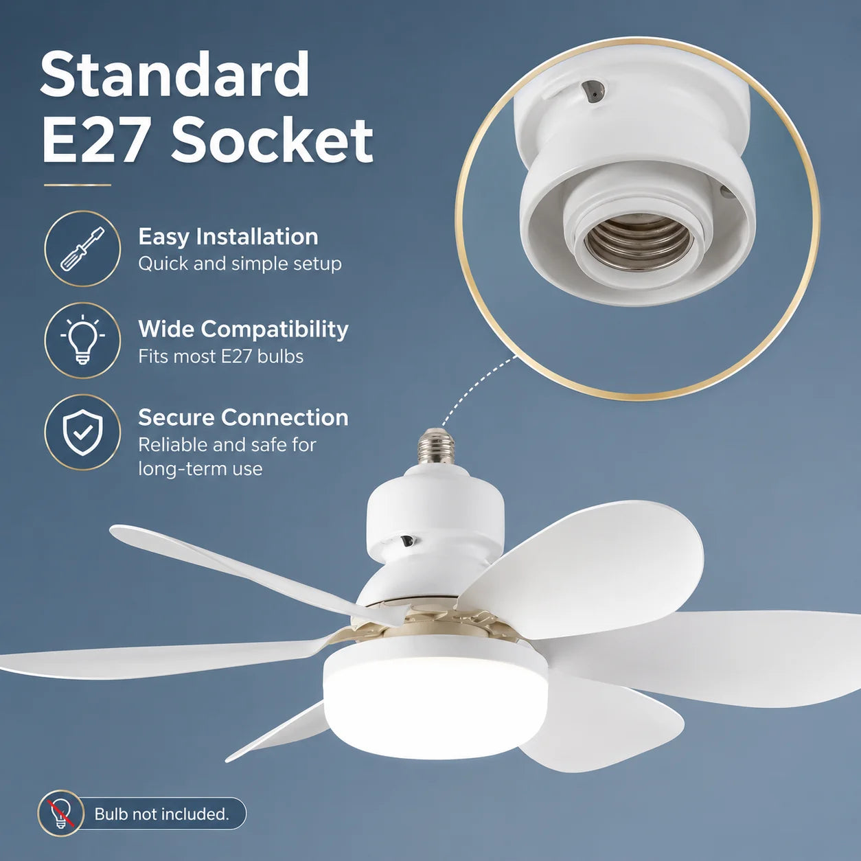 Ventilatore da Soffitto Silenzioso per Uso Domestico con Base E27, Dotato di Luce Notturna LED da 30W – foto 3