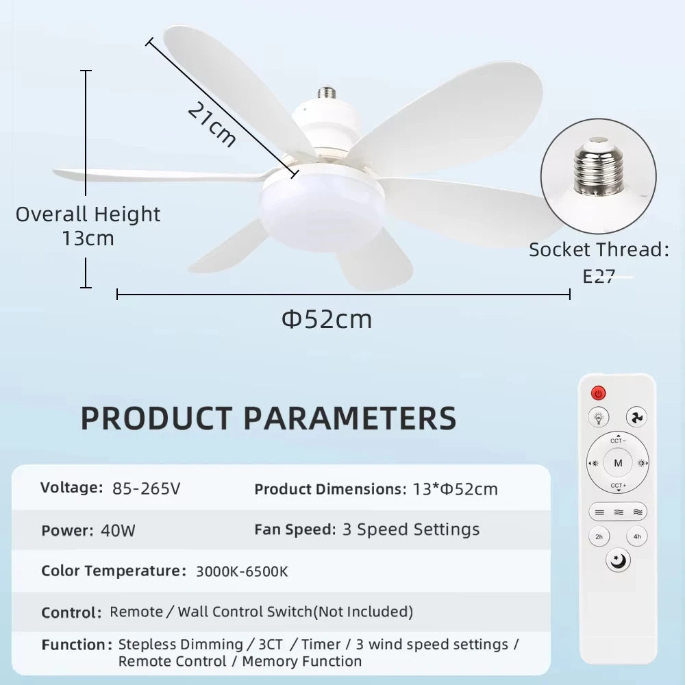 Nuova Lampada Ventilatore da Soffitto E27 2026 con Telecomando 110V 220V 3 Colori Regolabili Moderna per Casa – foto 9