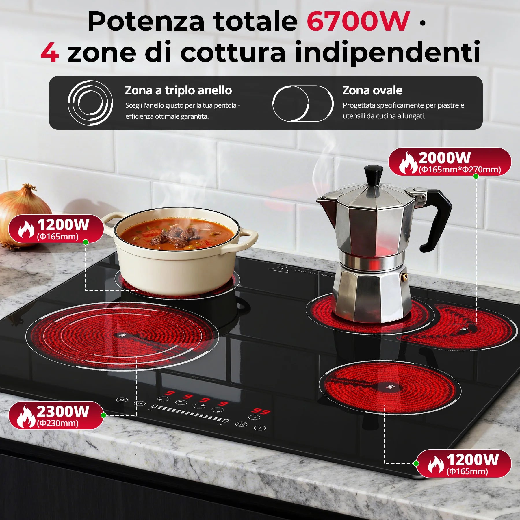 Piano cottura in ceramica da incasso 60 cm, 4 zone, 6700 W – dettaglio 3
