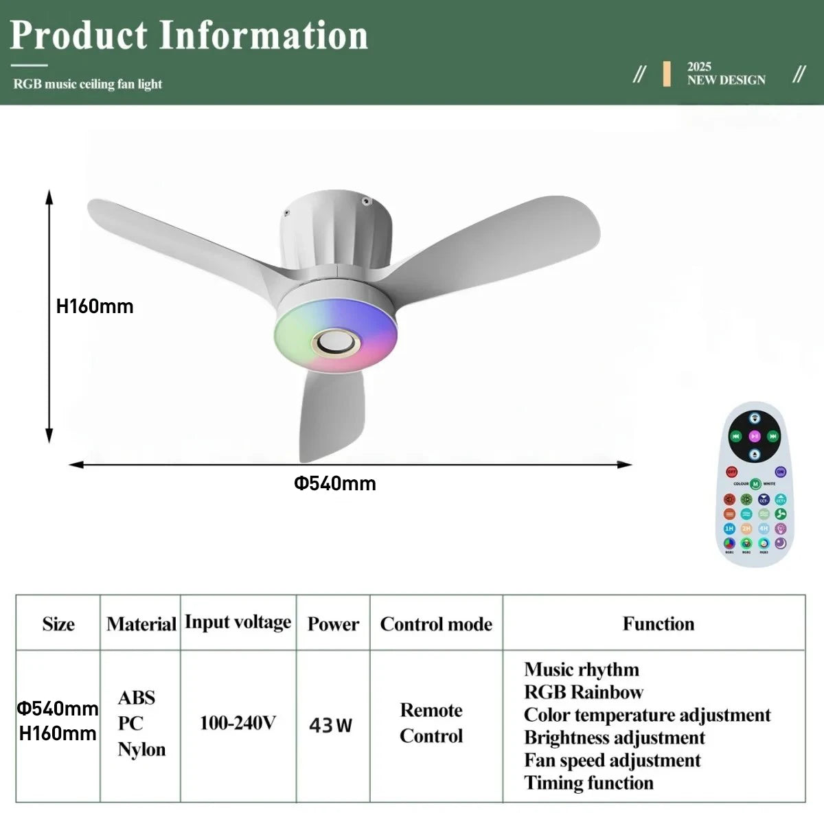 Ventilatore da soffitto smart a 3 pale con luce RGB – dettaglio 6