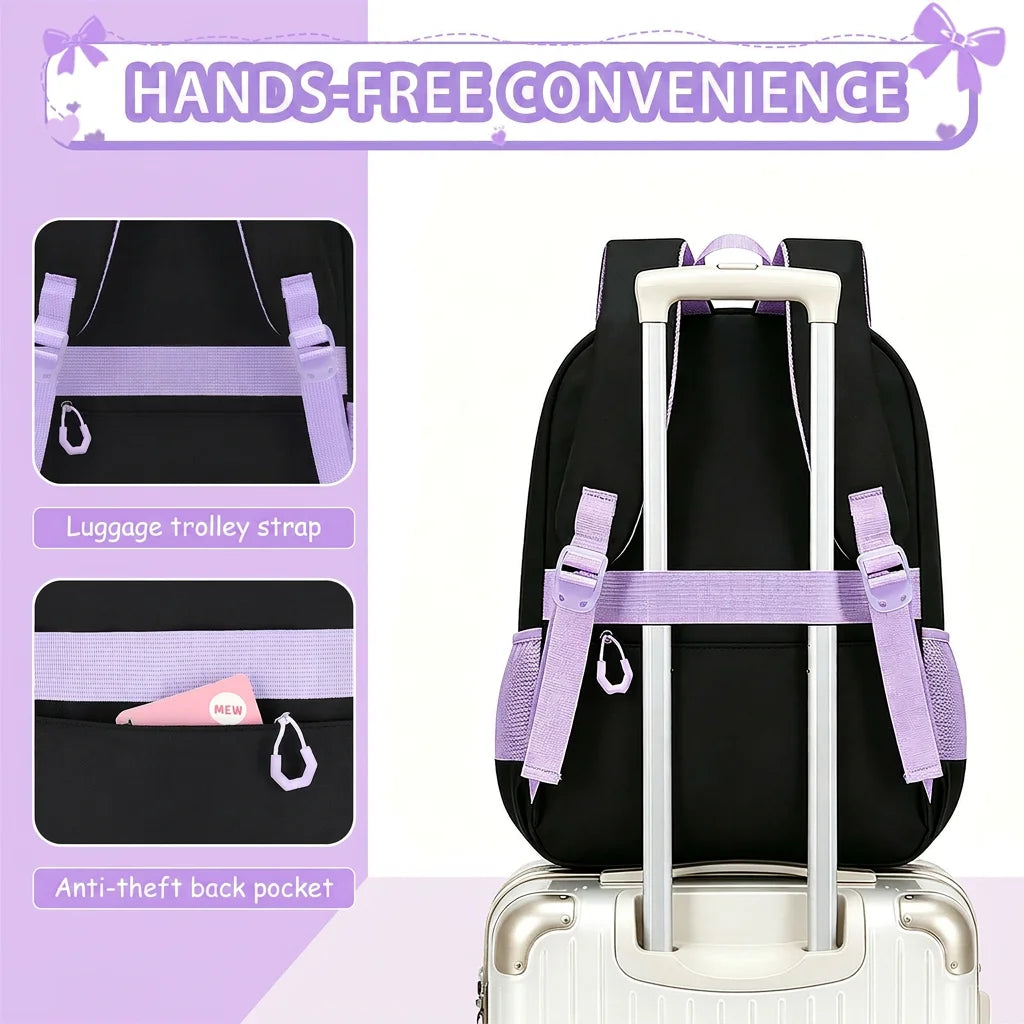 Zaino scolastico da bambina con fiocco e tasche multiple – foto 3