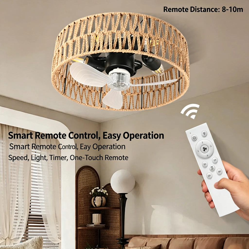 Ventilatore da soffitto in rattan con attacco E27 e telecomando
