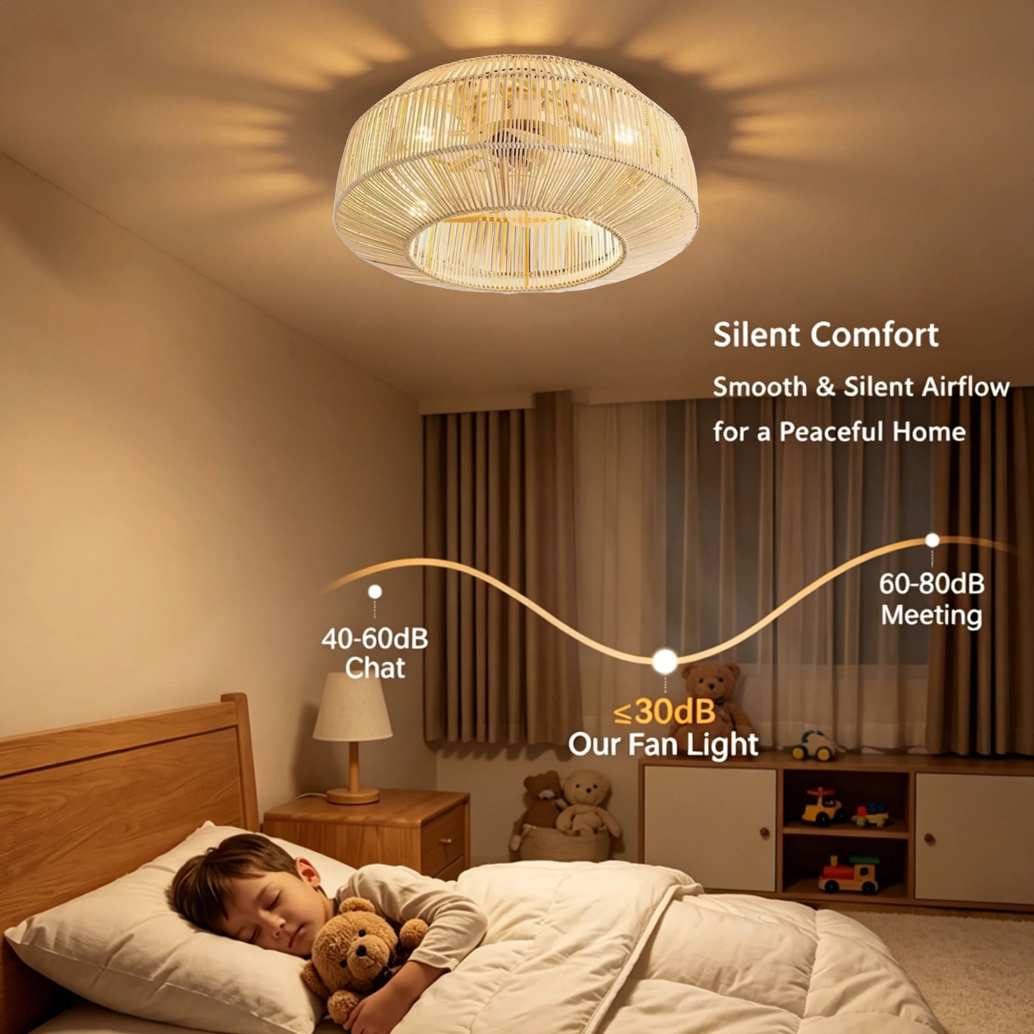 Ventilatore da soffitto in rattan stile boho con luci, telecomando, ventilatore DC reversibile, ventilatore – foto 5