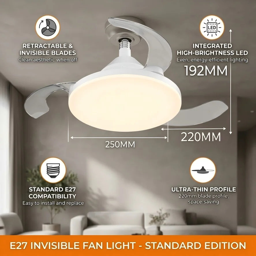 Ventilatore da Soffitto Silenzioso con Luce, Base E27 E14 B22 GU10, Telecomando, Dimmerabile, LED a 3 Colori – foto 7