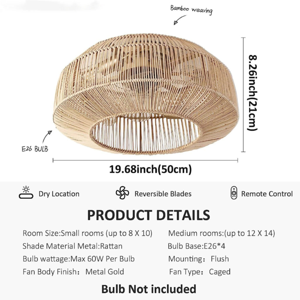 Ventilatore da soffitto in rattan stile boho con luci, telecomando, ventilatore DC reversibile, ventilatore – foto 7