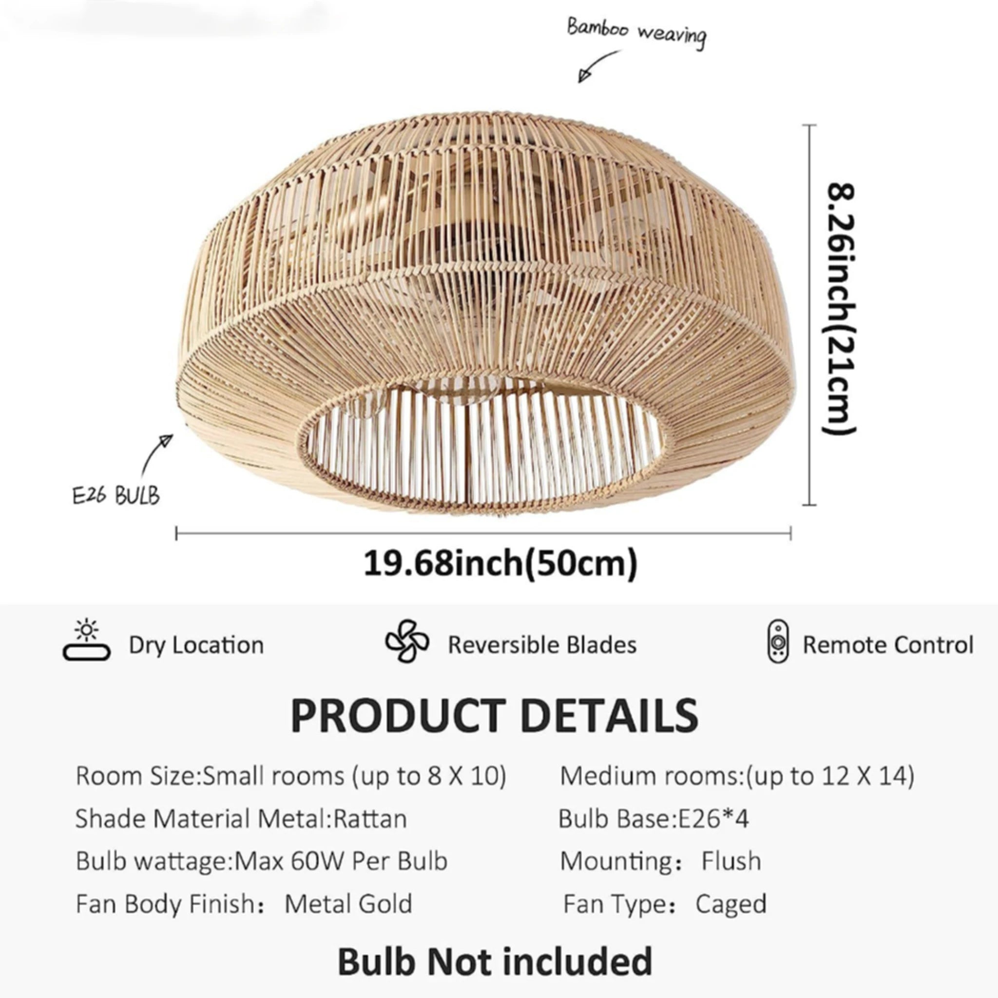 Ventilatore da soffitto in rattan stile boho con luci, telecomando, ventilatore DC reversibile, ventilatore – foto 7