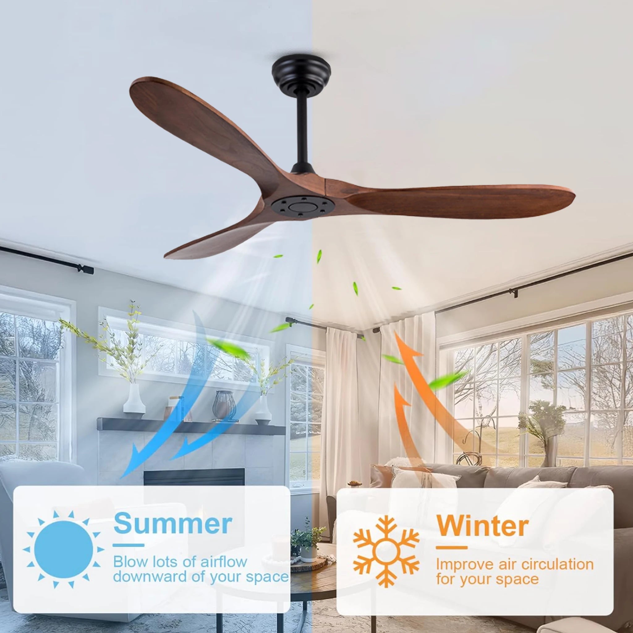 Ventilatore da soffitto in legno massello con motore DC silenzioso, reversibile, senza luce, con telecomando – foto 2