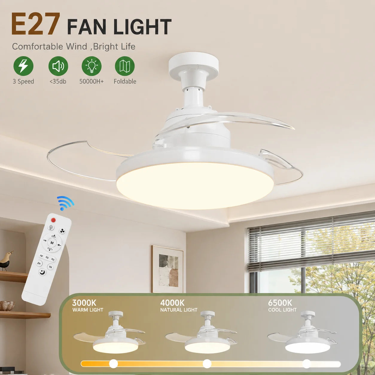 Ventilatore da soffitto con luce adatto per attacco E27, lampada ventilatore da camera da letto con
