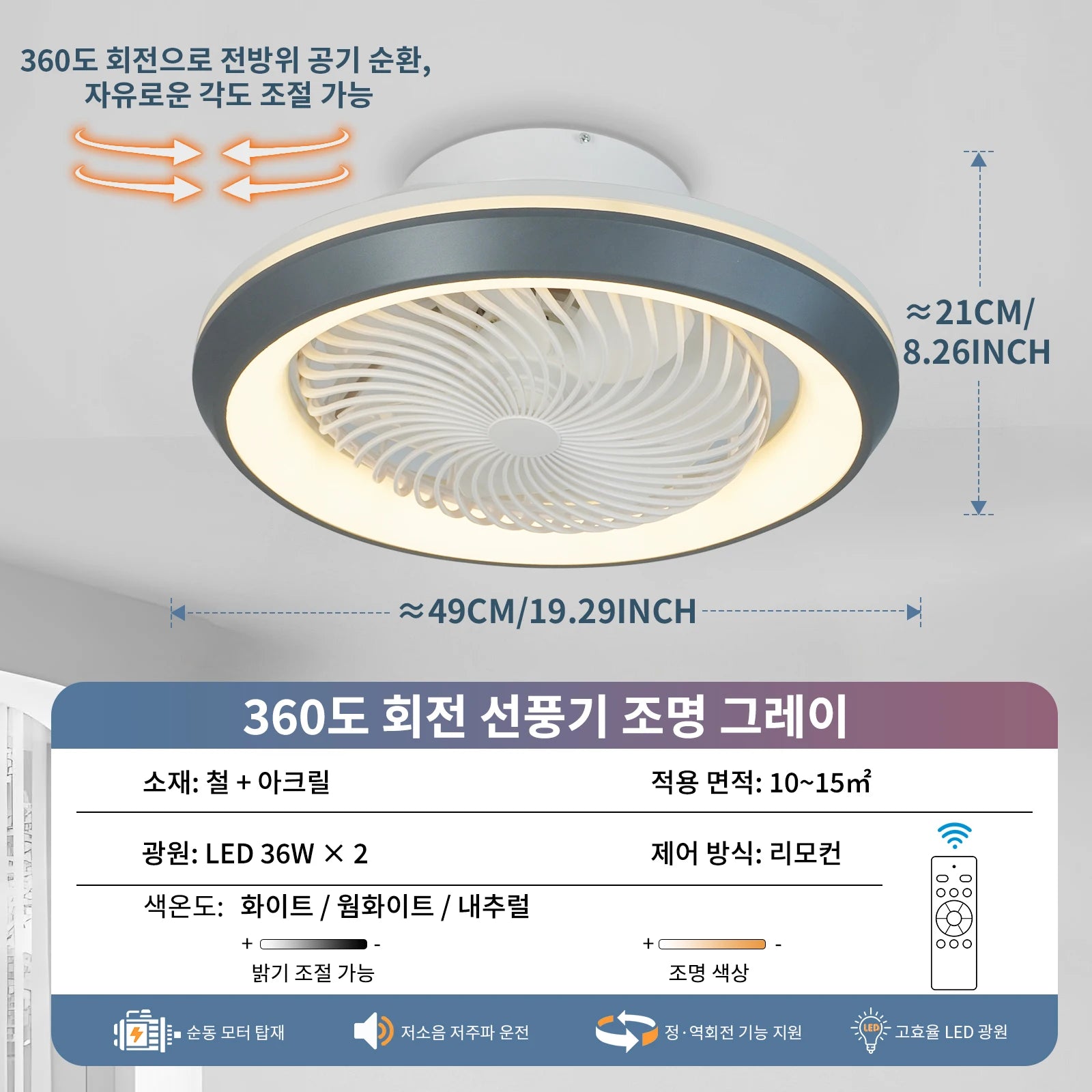 Ventilatore da soffitto 49 cm rotante 360° con luce LED – dettaglio 6