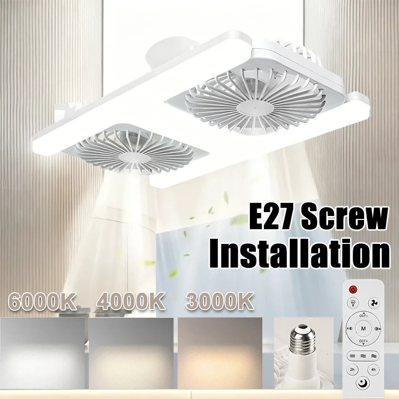 Ventilatore con Luce E27 e Telecomando, Controllo della Velocità e Dimmerabile, Lampada a Forma di H