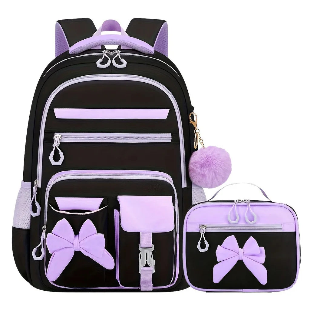 Zaino scolastico da bambina con fiocco e tasche multiple