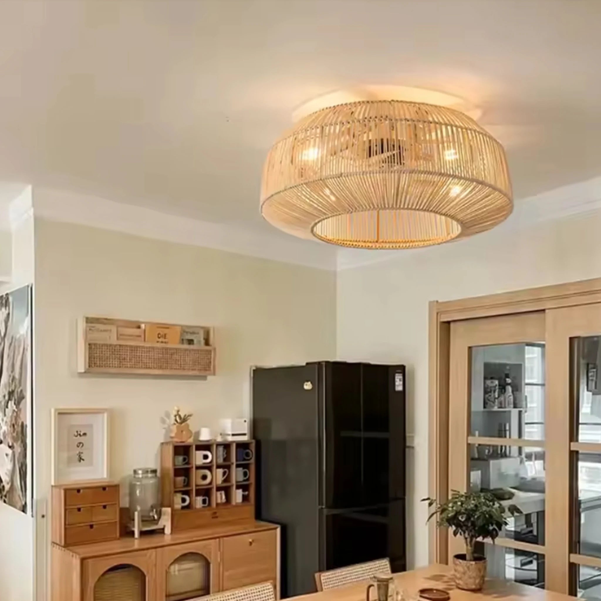 Ventilatore da soffitto in rattan stile boho con luci, telecomando, ventilatore DC reversibile, ventilatore – foto 2