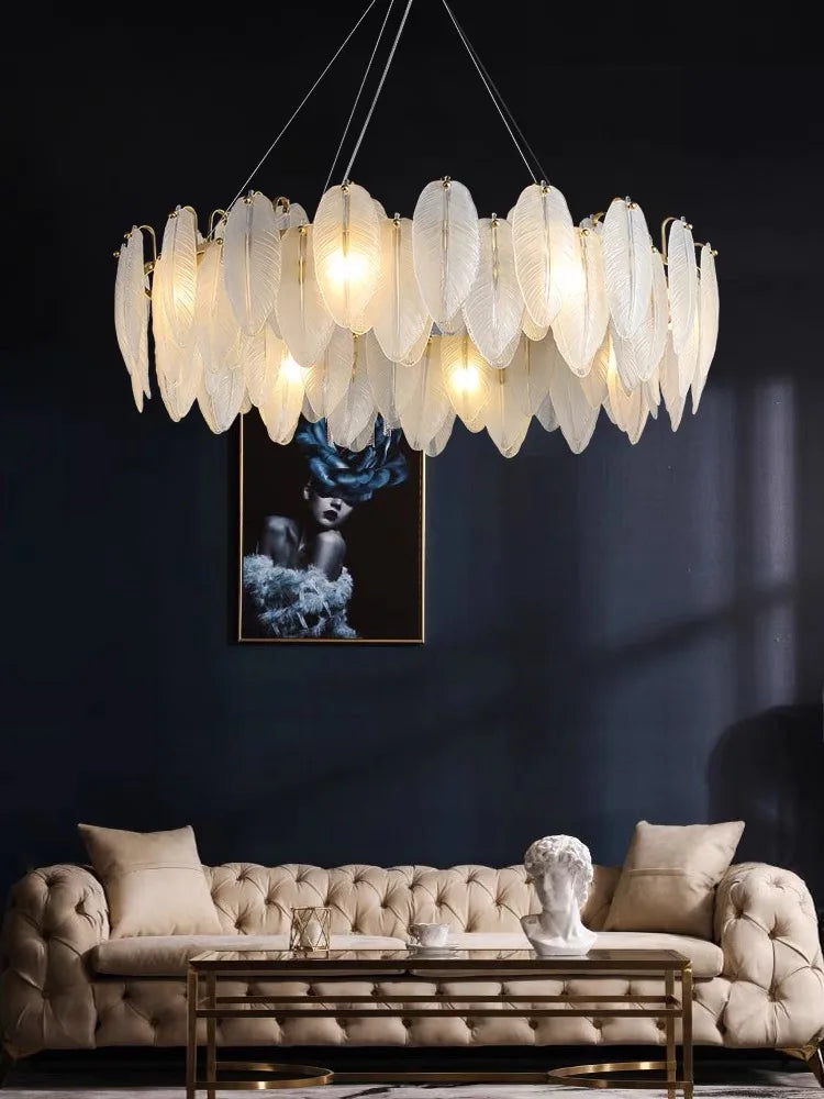 Lampada a sospensione in vetro con piume, fino a 100 cm