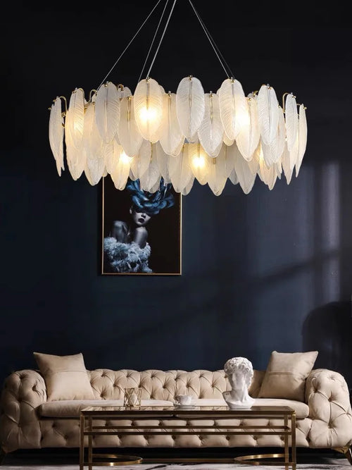 Lampada a sospensione in vetro con piume, fino a 100 cm