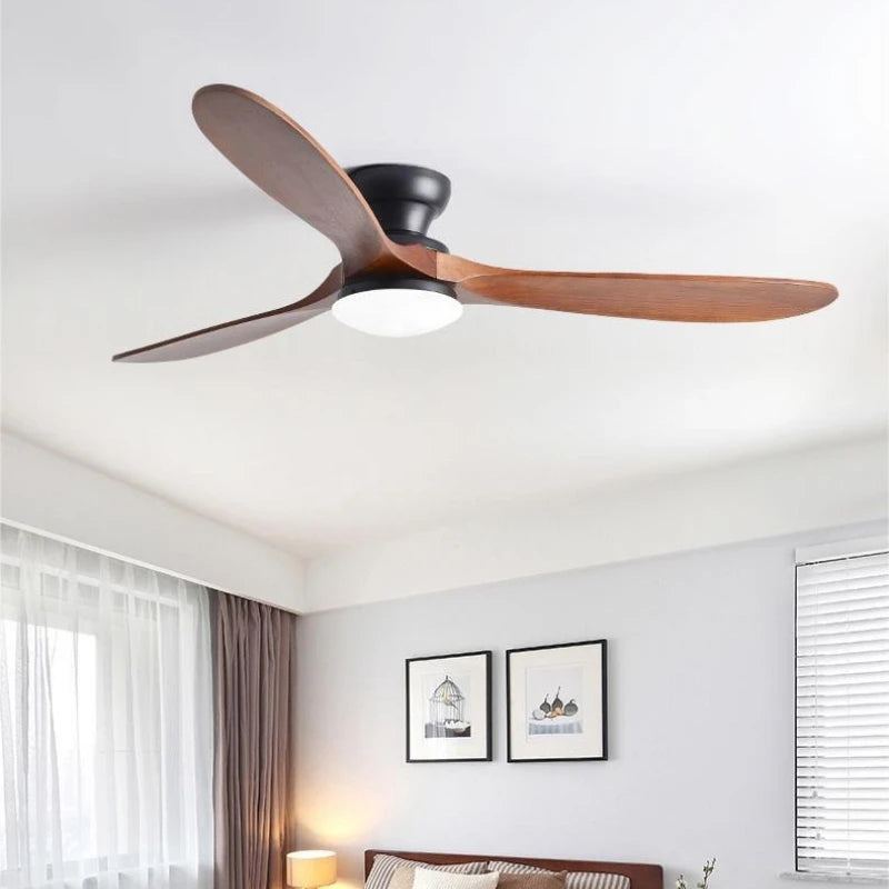 Ventilatore da Soffitto Moderno M 52 Pollici con Luce, in Legno Massello, Telecomando, Illuminazione LED per