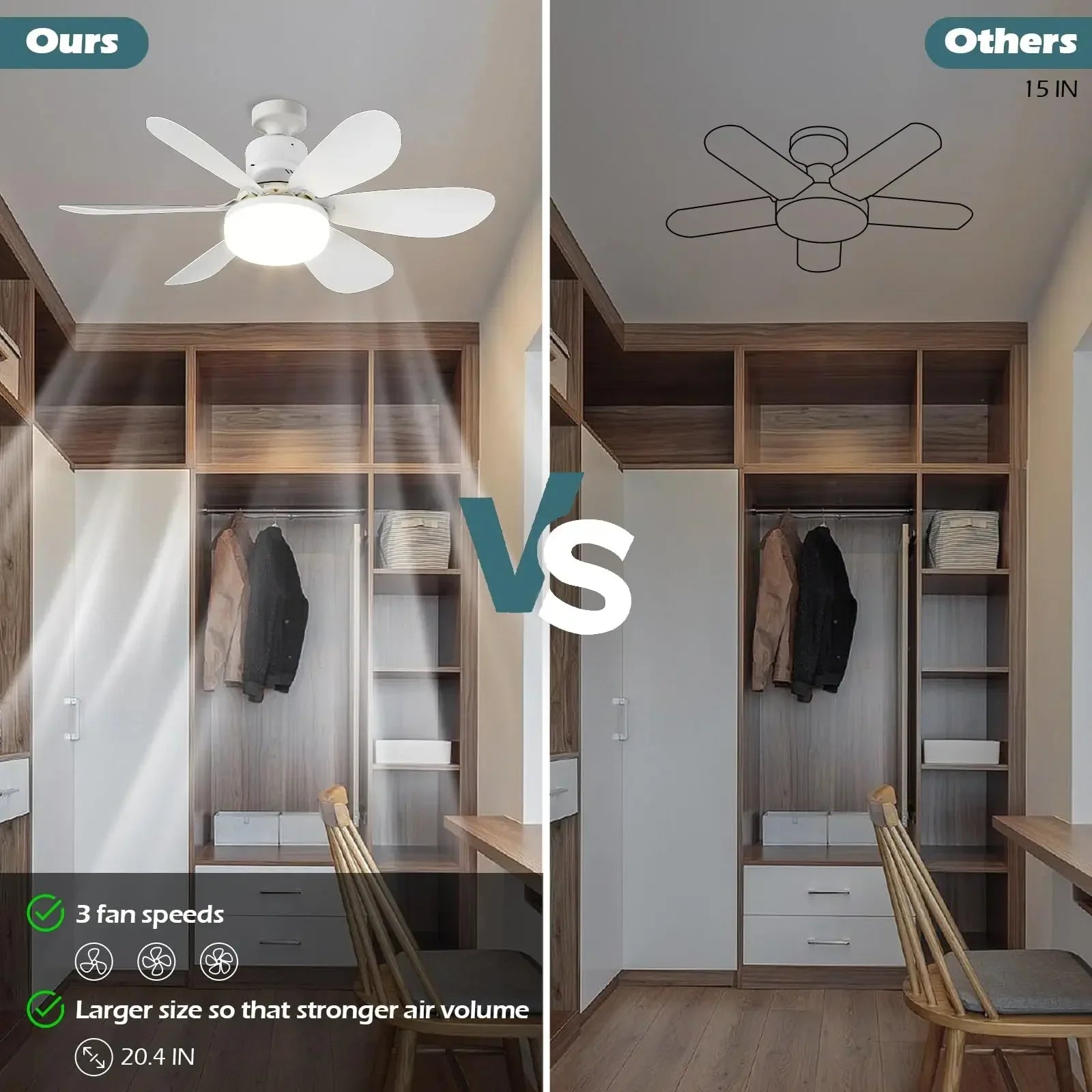 Ventilatore da soffitto a LED E27 con telecomando, dimmerabile, velocità del vento regolabile a 3 velocità – foto 2