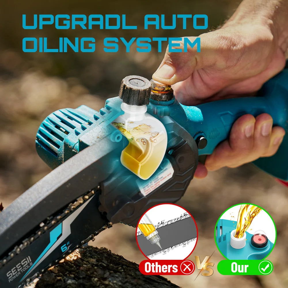 Mini motosega a batteria da 15 cm per potatura e legna – dettaglio 3