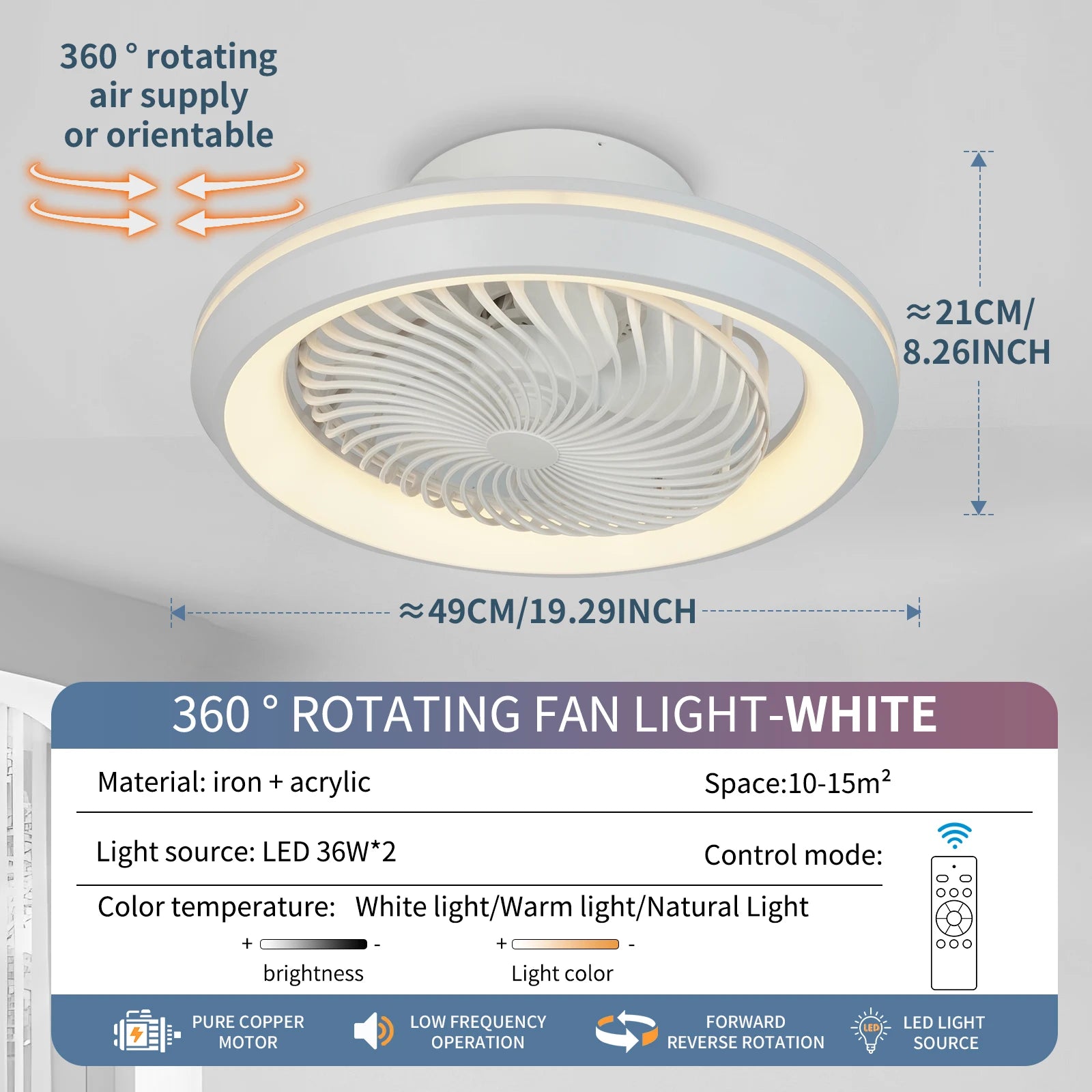 Plafoniera con ventilatore incorporato 49 cm e telecomando – dettaglio 7