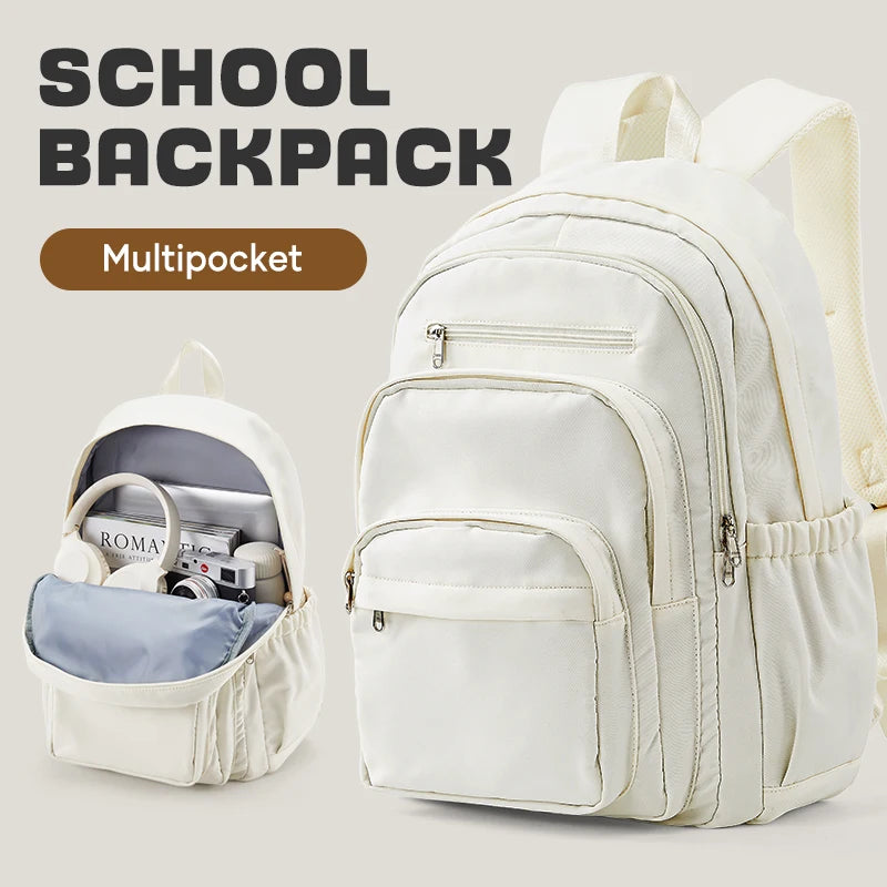 Zaino scolastico in nylon con più tasche, 4 colori