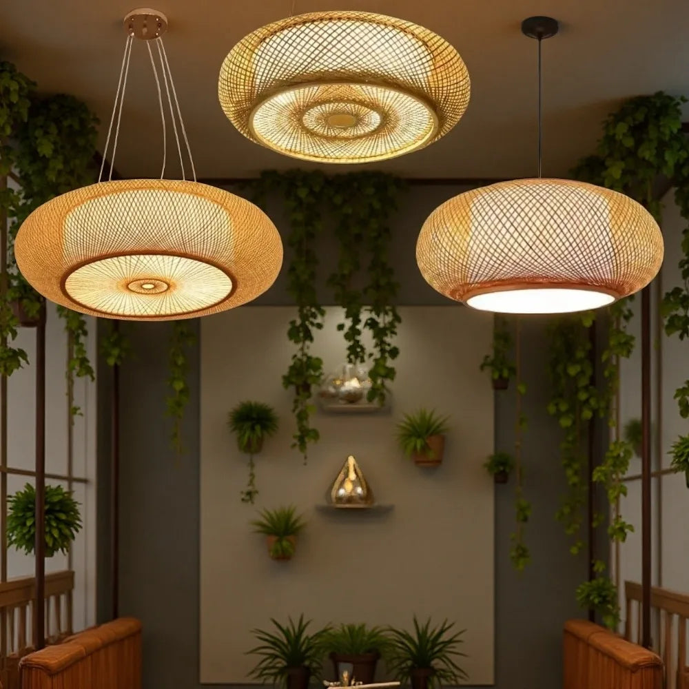 Lampadario in bambù intrecciato con attacco E27, da 40 a 80 cm – dettaglio 1