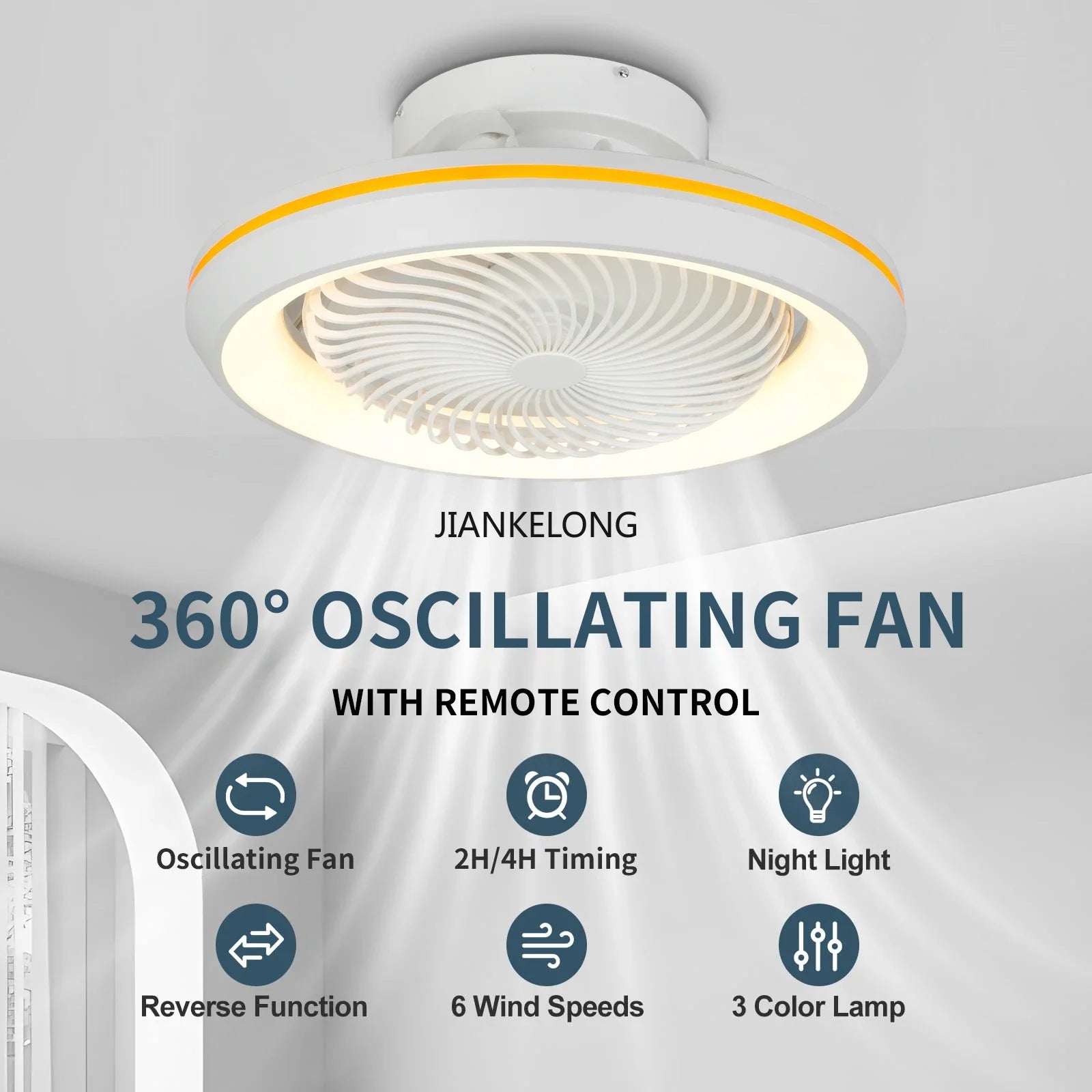 Ventilatore da soffitto rotante 360°, 49 cm, luce 3 colori