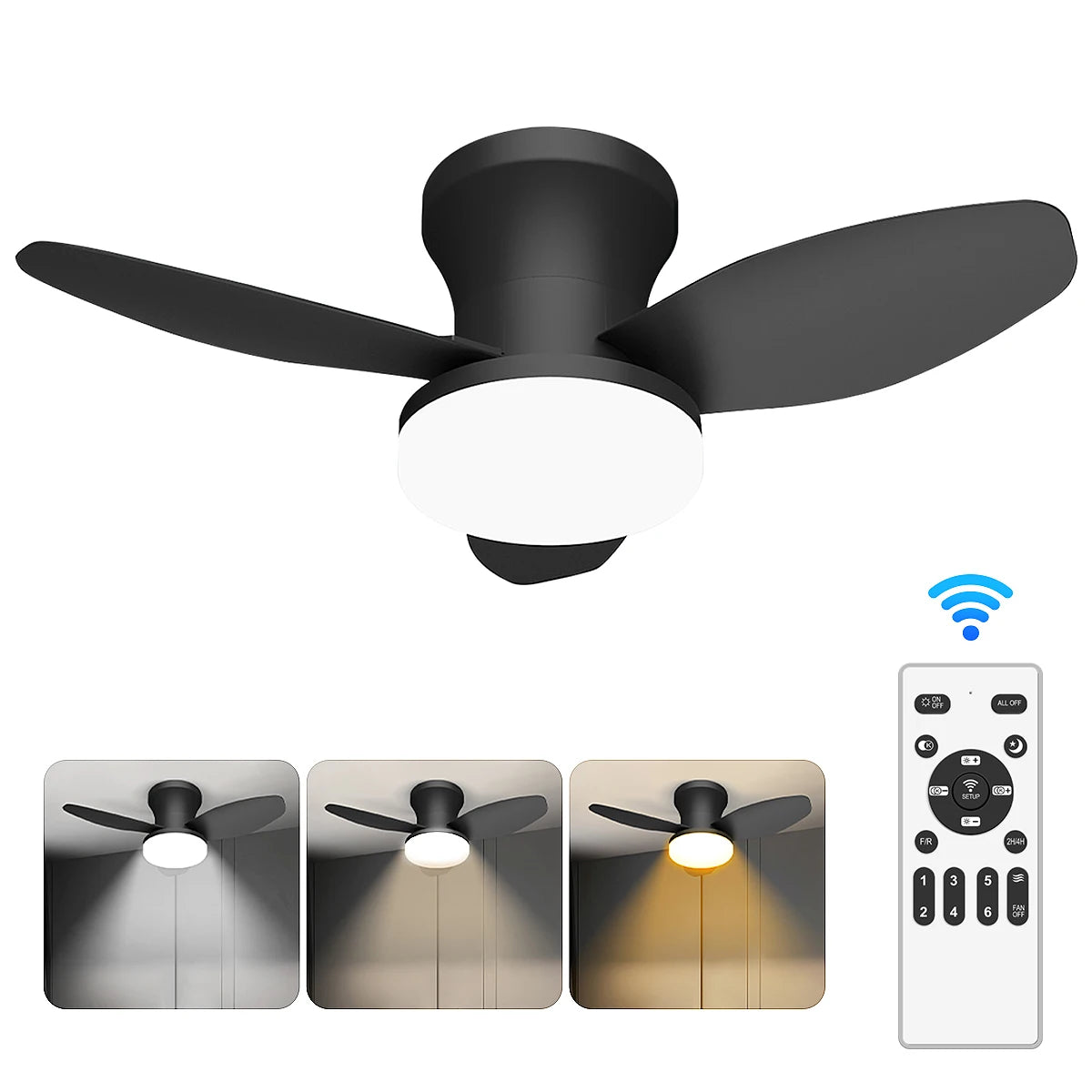 Ventilatore da soffitto basso profilo, motore CC reversibile