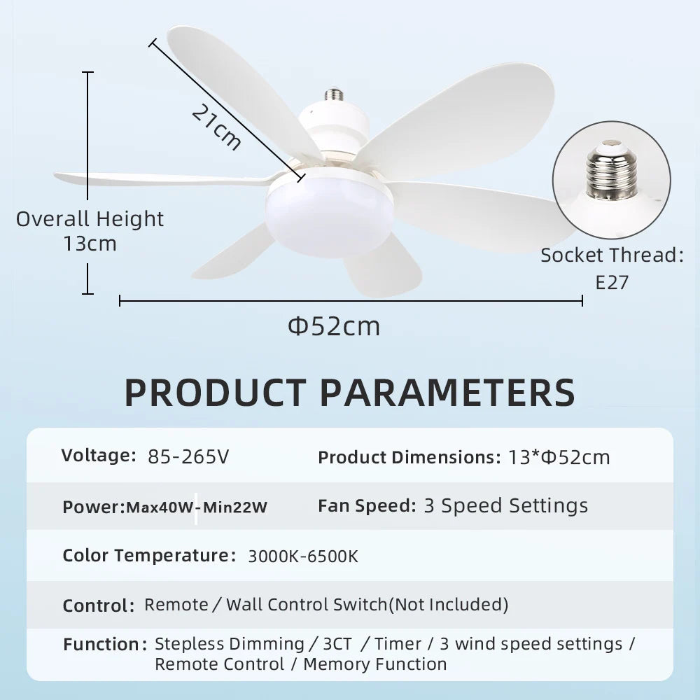 Ventilatore da soffitto E27 con luce dimmerabile e telecomando – dettaglio 3