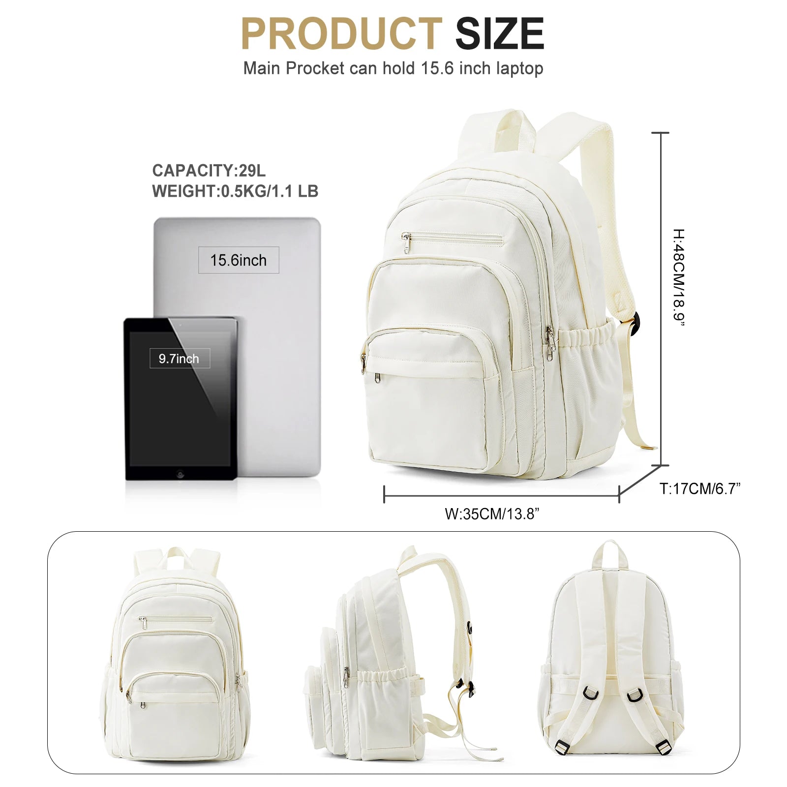 Zaino scolastico in nylon con più tasche, 4 colori – dettaglio 1