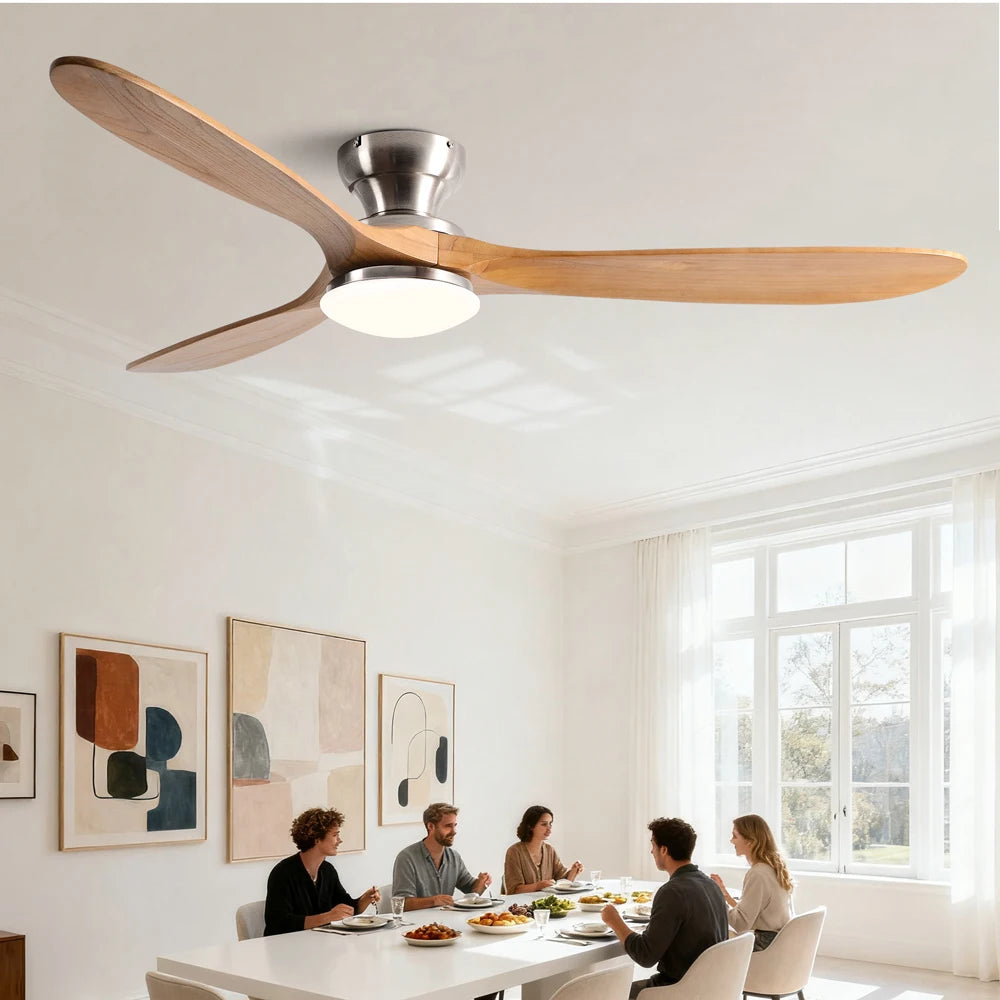 Ventilatore da Soffitto a Basso Profilo 36/42/52 Pollici con Luce LED e Telecomando, Pale in Legno Massello