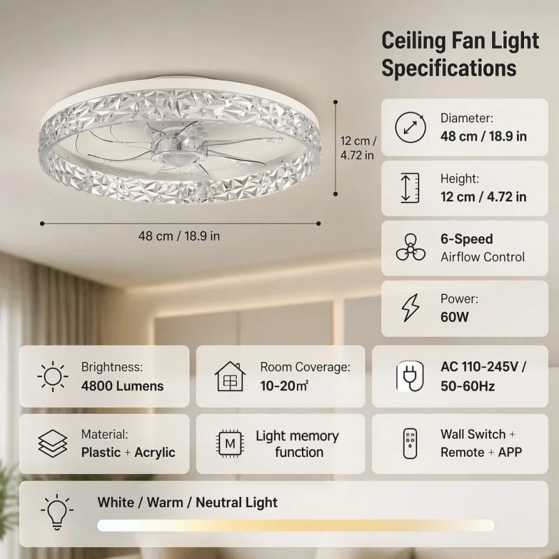 Ventilatore da soffitto moderno con luce, telecomando, dimmerabile, 6 velocità, motore DC, silenzioso – foto 7