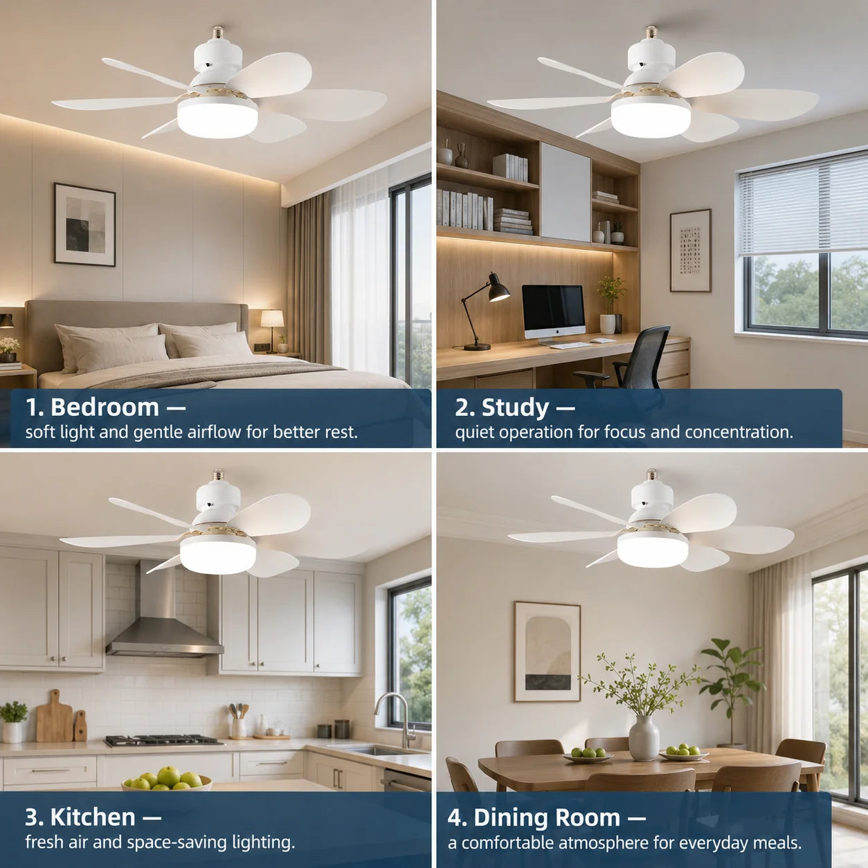 Ventilatore da Soffitto Silenzioso per Uso Domestico con Base E27, Dotato di Luce Notturna LED da 30W – foto 4